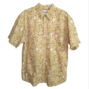 Columbia Men's Button Down Shirt Sz L Short Sleeve Green & Cream Fish Geometric